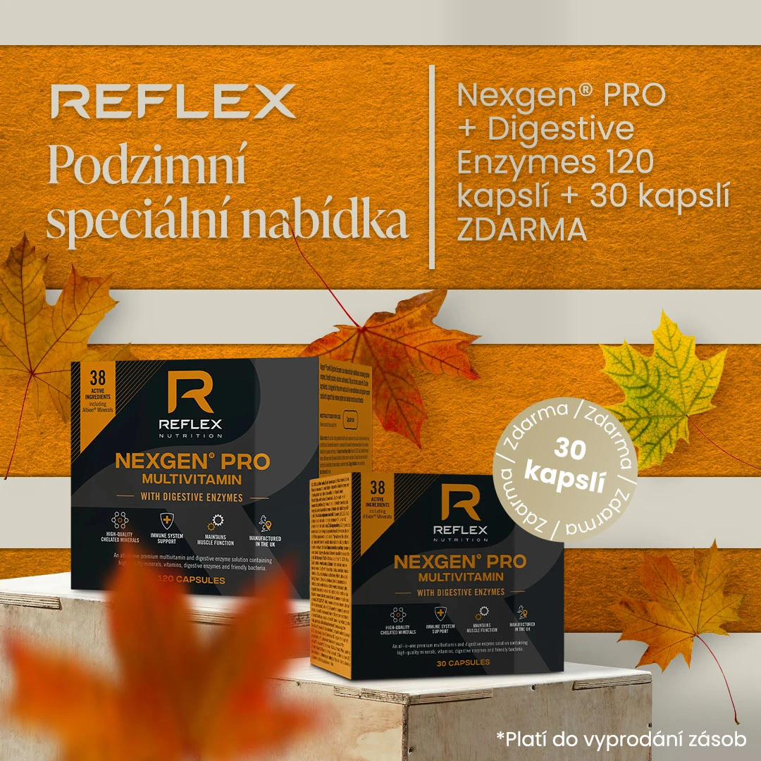 Podzimní akce Reflex: K oblíbenému multivitamínu a multiminerálu Nexgen® PRO s enzymy 120 kapslí od nás obdržíte balení 30 kapslí zdarma jako dárek.